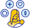 Woman holding baby icon with additional icons surrounding her head